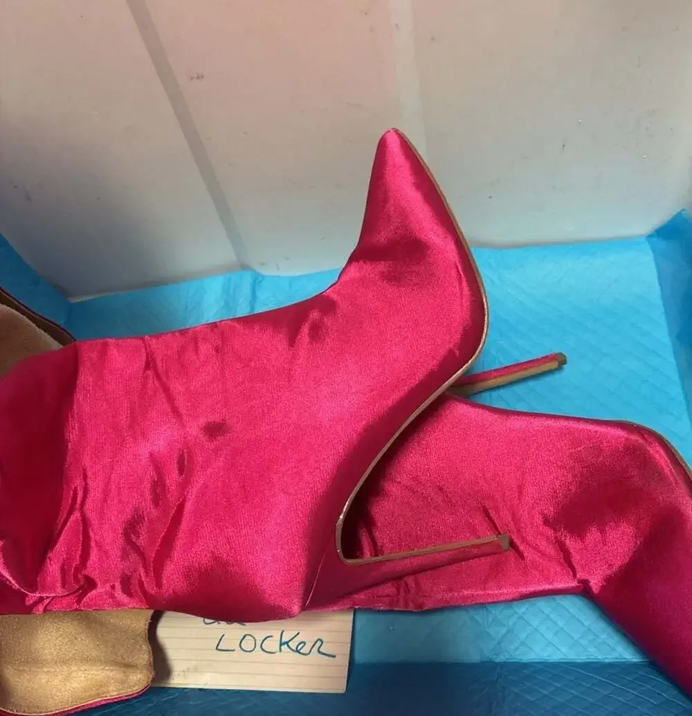 Havana-400F Satin Stiletto Thigh High Boots in Hot Pink, Size 9